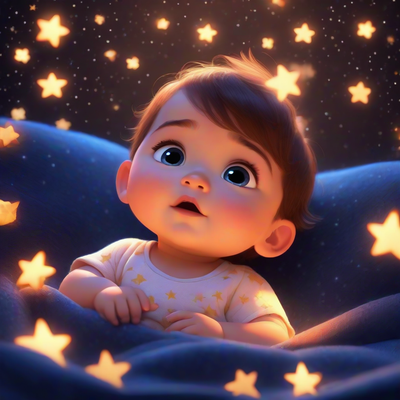 a cute baby falling asleep under a starry sky above it are floating so.45.3362486630