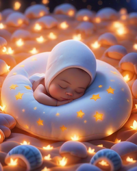 a cute baby sleeping peacefully in a sea of soft pillows, under a star.50.4042226259