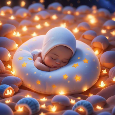 a cute baby sleeping peacefully in a sea of soft pillows, under a star.50.4042226259